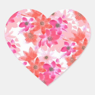 Modern Watercolor Pink Flowers Heart Sticker