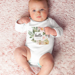 Modern Watercolor Pink Flowers & Hello & Name Baby Bodysuit
