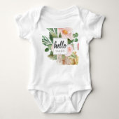 Modern Watercolor Pink Flowers & Hello & Name Baby Bodysuit (Front)