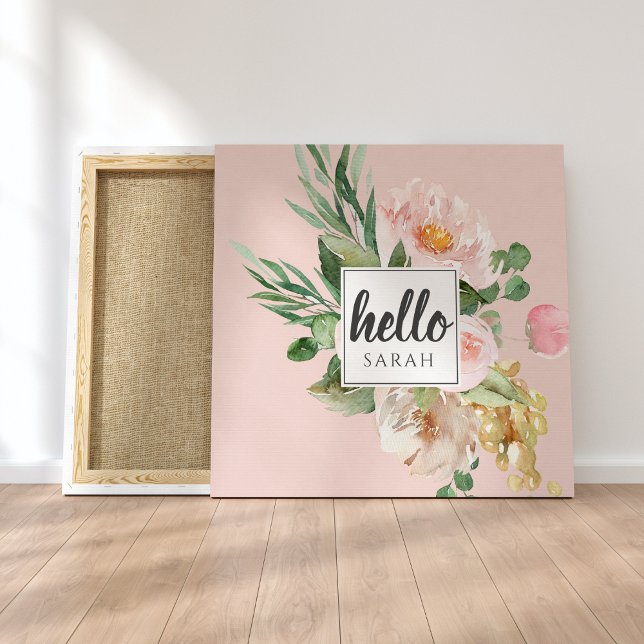 Modern Watercolor Pink Flowers & Hello & Name Canvas Print (Creator Uploaded)