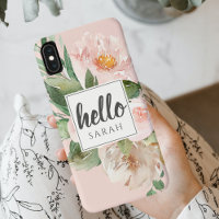 Modern Watercolor Pink Flowers & Hello & Name