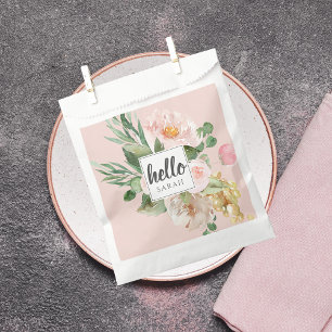 Modern Watercolor Pink Flowers & Hello & Name Favour Bag