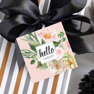 Modern Watercolor Pink Flowers & Hello & Name Favour Tags