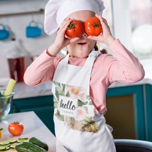 Modern Watercolor Pink Flowers & Hello & Name Kids Apron (Creator Uploaded)
