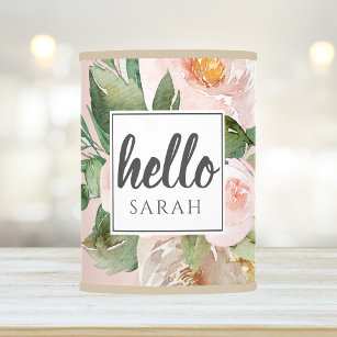 Modern Watercolor Pink Flowers & Hello & Name Lamp Shade