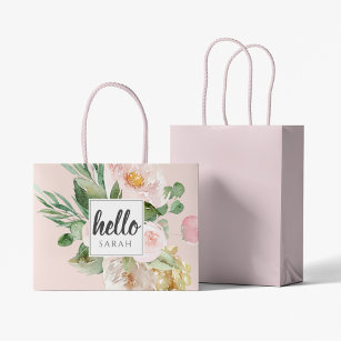 Modern Watercolor Pink Flowers & Hello & Name Large Gift Bag