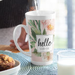 Modern Watercolor Pink Flowers & Hello & Name Latte Mug<br><div class="desc">Modern Watercolor Pink Flowers & Hello & Name</div>