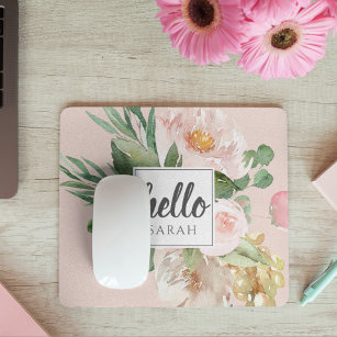 Modern Watercolor Pink Flowers & Hello & Name Mouse Pad