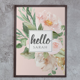 Modern Watercolor Pink Flowers & Hello & Name Poster