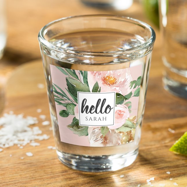Modern Watercolor Pink Flowers & Hello & Name Shot Glass (Creator Uploaded)