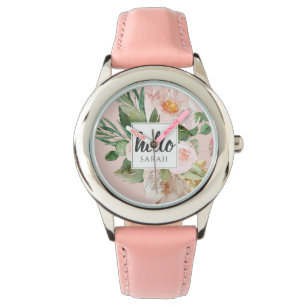 Modern Watercolor Pink Flowers & Hello & Name Watch