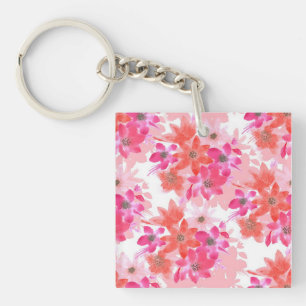 Modern Watercolor Pink Flowers Keychain