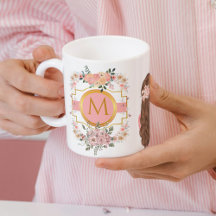 Modern Watercolor Pink Flowers M Monogram for her