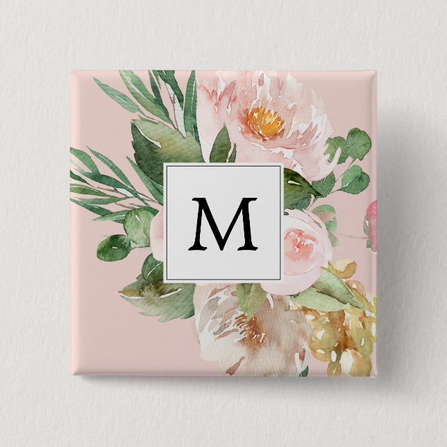 Modern Watercolor Pink Flowers Monogrammed  2 Inch Square Button (Front)
