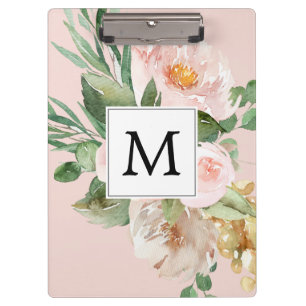 Modern Watercolor Pink Flowers Monogrammed Clipboard