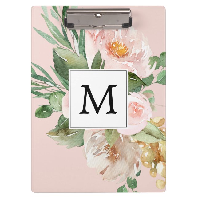 Modern Watercolor Pink Flowers Monogrammed  Clipboard (Front)