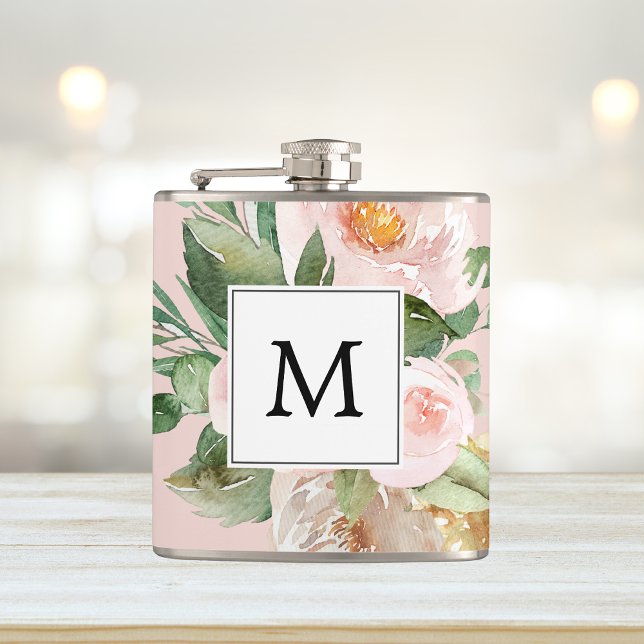 Modern Watercolor Pink Flowers Monogrammed  Hip Flask (Creator Uploaded)