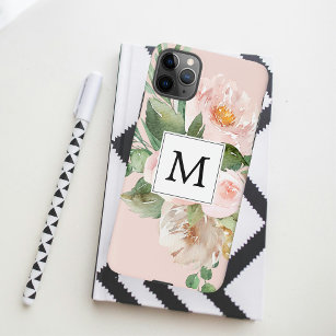 Modern Watercolor Pink Flowers Monogrammed  iPhone 13 Mini Case