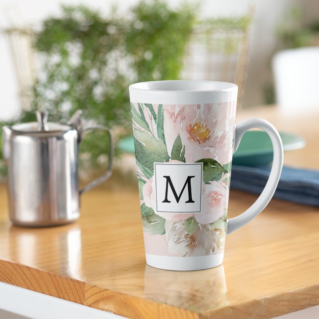 Modern Watercolor Pink Flowers Monogrammed  Latte Mug (Creator Uploaded)
