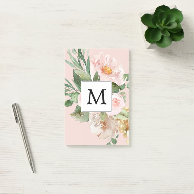 Modern Watercolor Pink Flowers Monogrammed  Post-it Notes (Office)