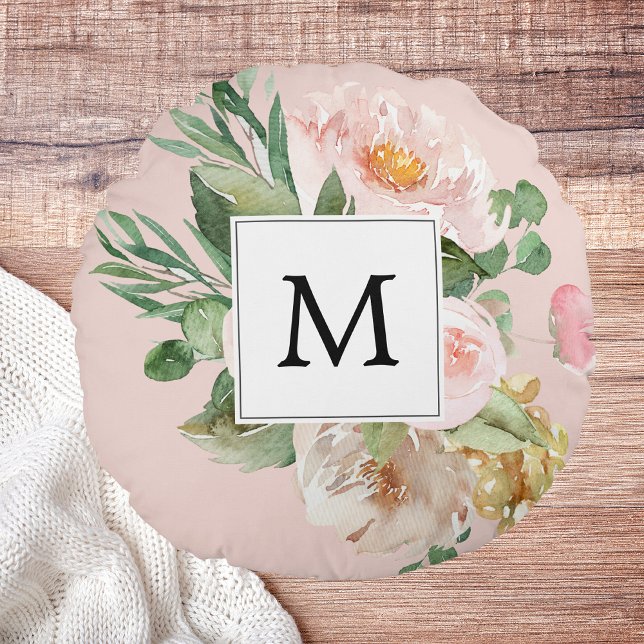 Modern Watercolor Pink Flowers Monogrammed  Round Pillow (Creator Uploaded)