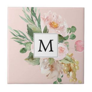 Modern Watercolor Pink Flowers Monogrammed  Tile