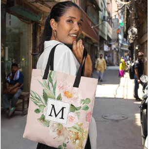 Modern Watercolor Pink Flowers Monogrammed Tote Bag