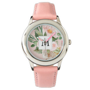 Modern Watercolor Pink Flowers Monogrammed  Watch