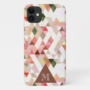 Modern Watercolor Pink Green Triangle Monogram iPhone 11 Case