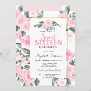 Modern Watercolor Pink Roses Sweet 16  Invitation