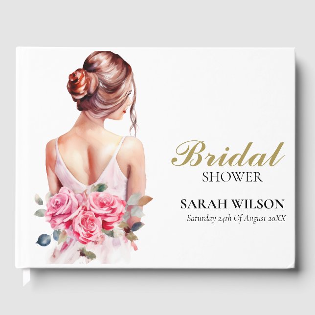 Modern Watercolor Pink Wedding Gown Bridal Shower  Guest Book (Front)
