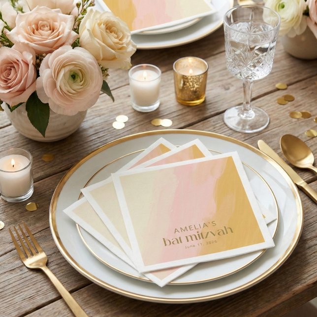 Modern Watercolor Pink Yellow Custom Bat Mitzvah  Napkin (Creator Uploaded)