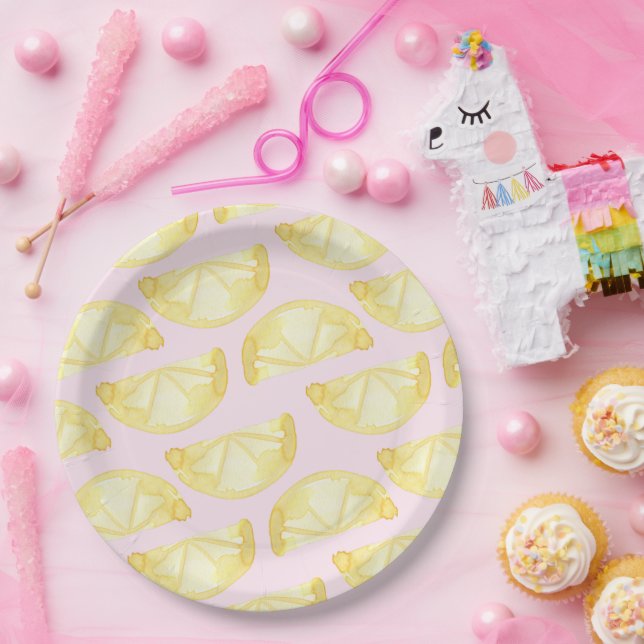Modern Watercolor Pink Yellow Lemon Paper Plates (Party)