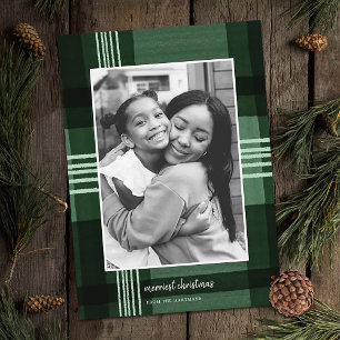Modern Watercolor Plaid Green Christmas Photo Holiday Card