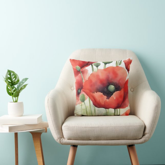 Modern Watercolor Poppies Throw Pillow (Chair)