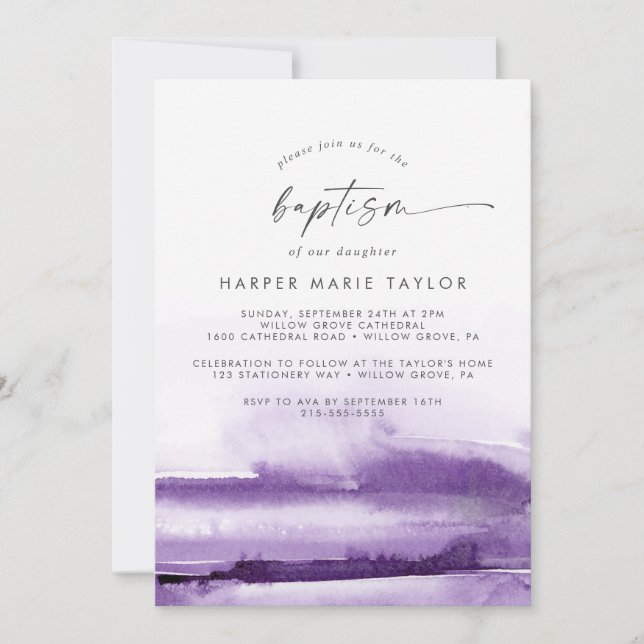 Modern Watercolor | Purple Baptism Invitation (Front)