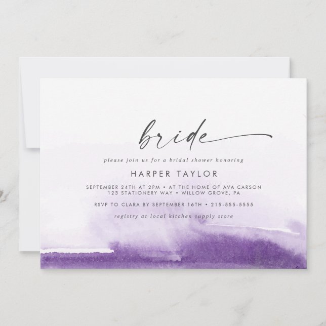 Modern Watercolor | Purple Bride Bridal Shower Invitation (Front)
