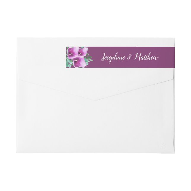 Modern Watercolor Purple Calla Lily Wedding Wrap Around Label (Back)