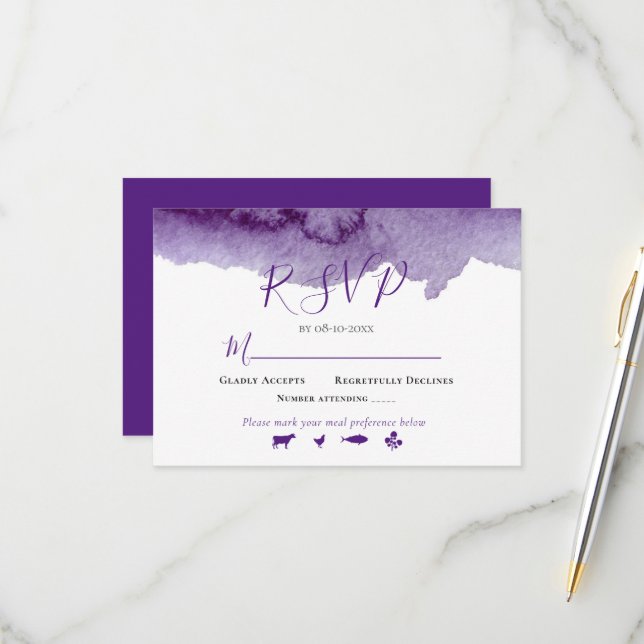 Modern Watercolor Purple Colour Wash Wedding Suite RSVP Card (Front/Back In Situ)