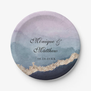 Modern Watercolor Purple Dusty Blue Agate Wedding Paper Plate