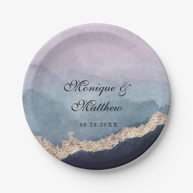 Modern Watercolor Purple Dusty Blue Agate Wedding Paper Plate (Front)