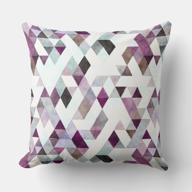 Modern Watercolor Purple Grey Triangle Pattern Throw Pillow (Front)