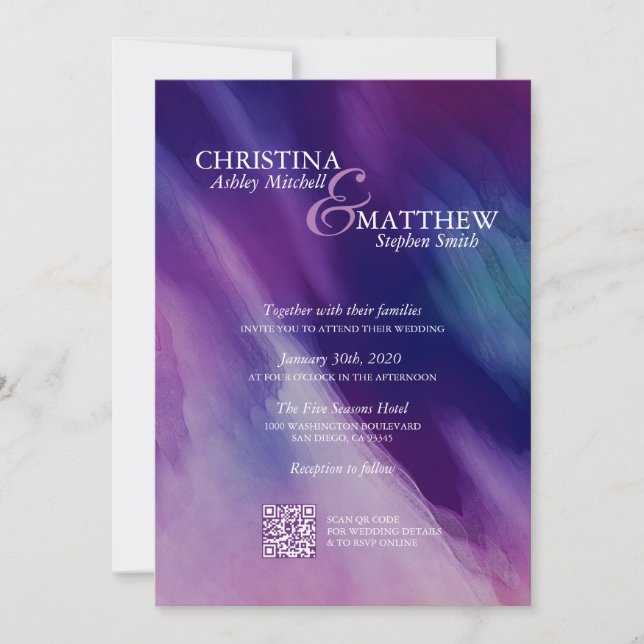 Modern Watercolor Purple Navy Blue Wedding QR code Invitation (Front)