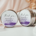 Modern Watercolor | Purple Thank You Wedding Favou Classic Round Sticker<br><div class="desc">These modern watercolor purple thank you wedding favour stickers are perfect for a stylish contemporary wedding reception. The minimalist, classic and elegant design collection features simple water colour paint brush strokes in pretty jewel tones. Personalize the sticker labels with your names, the event (if applicable), and the date. These stickers...</div>