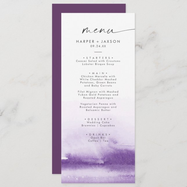 Modern Watercolor | Purple Wedding Dinner Menu (Front/Back)