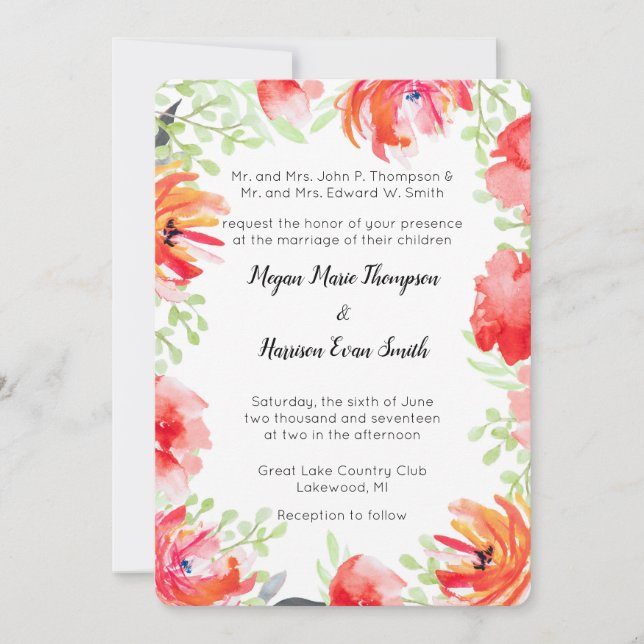 Modern Watercolor Red Flower Wedding Invitation (Front)