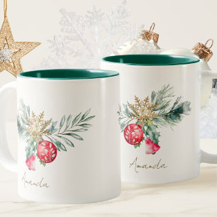Modern Watercolor Red Foliage Name Merry Christmas Two-Tone Coffee Mug