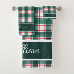 Modern Watercolor Red Green Buffalo Checks Bath Towel Set