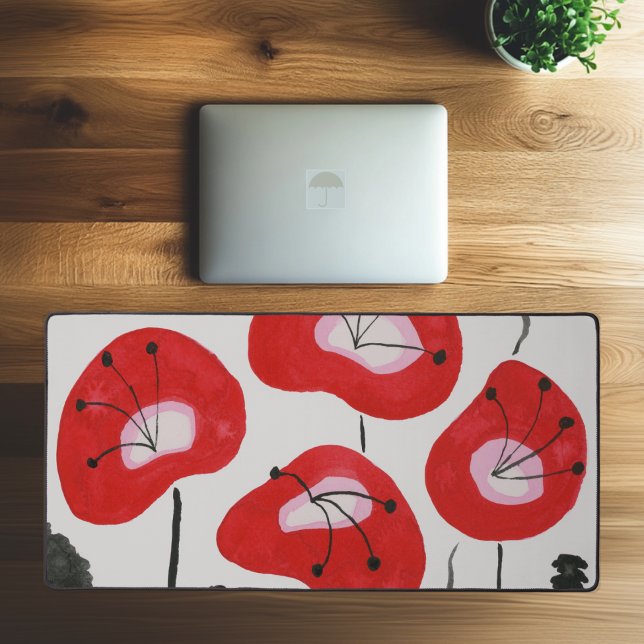 Modern Watercolor Red Poppies Stylish Trendy Desk Mat (Creator Uploaded)