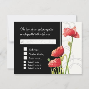 Modern Watercolor Red Poppy Poppies Swirls Black RSVP Card
